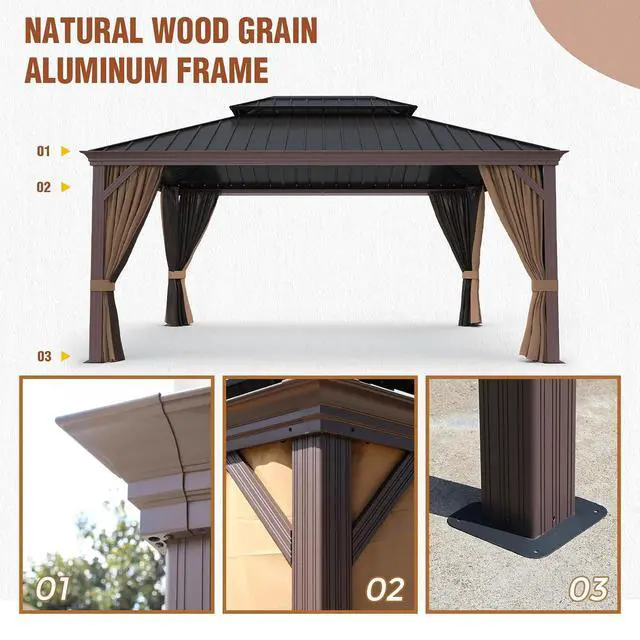 Alt view image 4 of 7 - 12x16 Hardtop Gazebo, Galvanized Steel Double Roof with Aluminum Frame, Outdoor Pavilion with Netting and Curtains for Patio, Deck, Lawn and Garden, Brown/Black