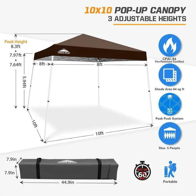 Alt view image 3 of 7 - 10x10 Slant Leg Pop-up Canopy Tent Easy One Person Setup Instant Outdoor Beach Canopy Folding Portable Sports Shelter 10x10 Base 8x8 Top (Brown)