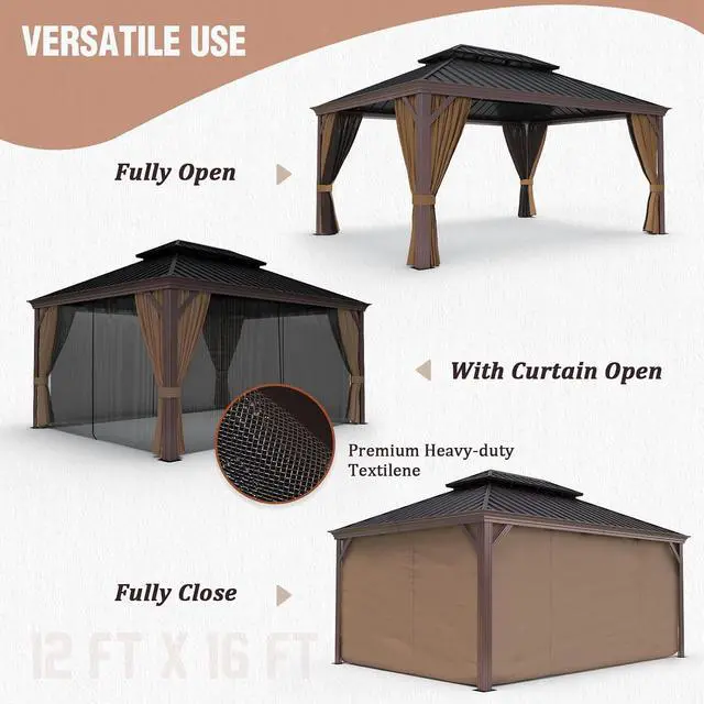 Alt view image 6 of 7 - 12x16 Hardtop Gazebo, Galvanized Steel Double Roof with Aluminum Frame, Outdoor Pavilion with Netting and Curtains for Patio, Deck, Lawn and Garden, Brown/Black