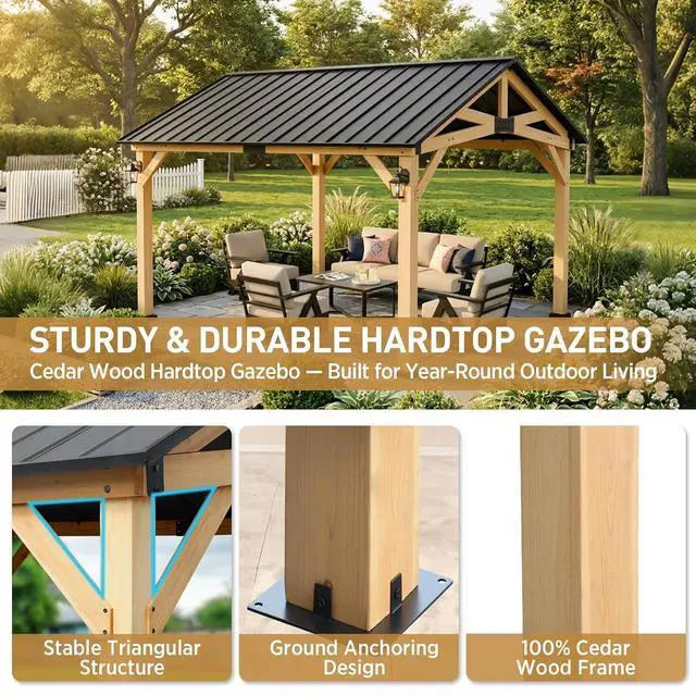 Alt view image 2 of 7 - 11x13 Hardtop Gazebo, Exposed Beam Rustic Gazebo, Galvanized Steel Gable Roof with Cedar Wood Frame, Outdoor Pavilion for Patio, Deck, Lawn and Garden Natural Wood/Black
