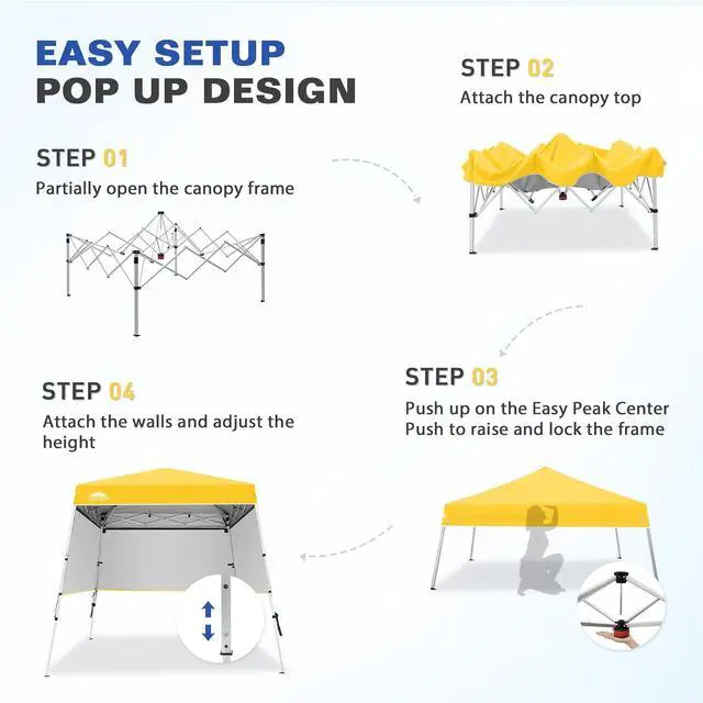 Alt view image 6 of 7 - Day Tripper 8x8 Aluminum Super-Lightweight Slant Leg Pop Up Canopy with 3 Removable Walls, Instant Outdoor Backpack Canopy Tent, Outside Beach Folding Sun Shelter, 8x8 Base 6x6 Top, Yellow