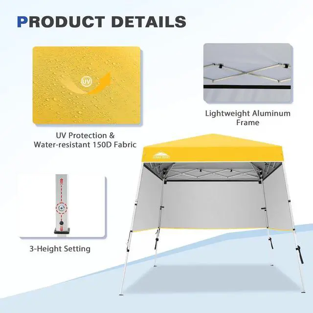 Alt view image 4 of 7 - Day Tripper 8x8 Aluminum Super-Lightweight Slant Leg Pop Up Canopy with 3 Removable Walls, Instant Outdoor Backpack Canopy Tent, Outside Beach Folding Sun Shelter, 8x8 Base 6x6 Top, Yellow