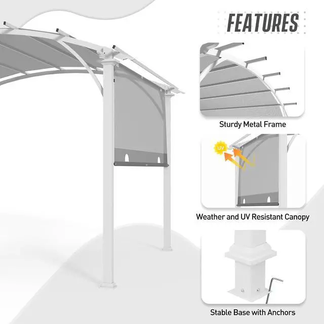 Alt view image 2 of 6 - 11.4x11.4 Outdoor Pergola with Retractable Textilene Sun Shade Top, Wood Looking Steel Frame Arch Patio Pergola, Gray