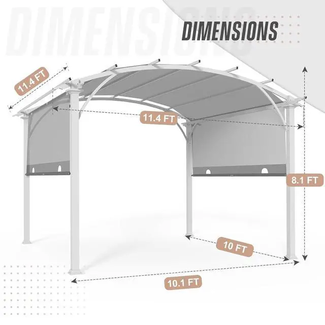 Alt view image 3 of 6 - 11.4x11.4 Outdoor Pergola with Retractable Textilene Sun Shade Top, Wood Looking Steel Frame Arch Patio Pergola, Gray