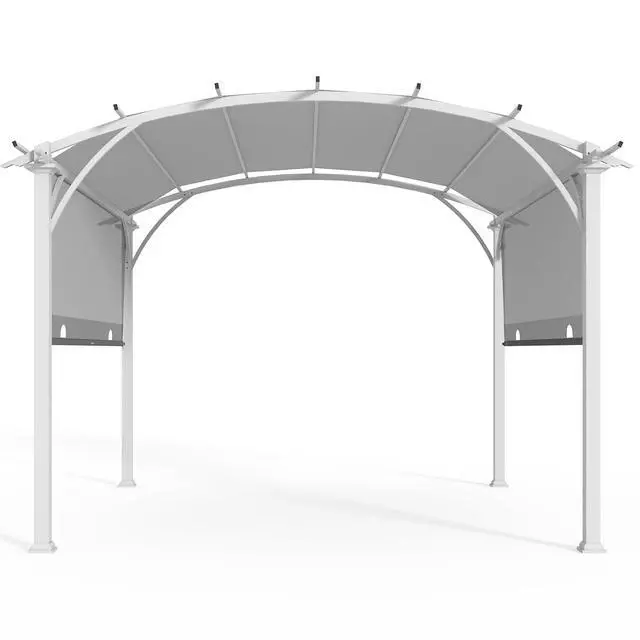 Alt view image 6 of 6 - 11.4x11.4 Outdoor Pergola with Retractable Textilene Sun Shade Top, Wood Looking Steel Frame Arch Patio Pergola, Gray