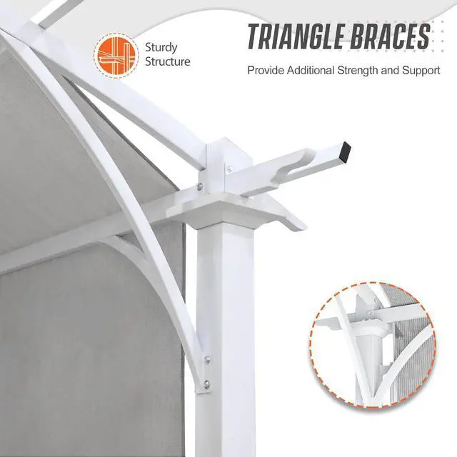 Alt view image 4 of 6 - 11.4x11.4 Outdoor Pergola with Retractable Textilene Sun Shade Top, Wood Looking Steel Frame Arch Patio Pergola, Gray