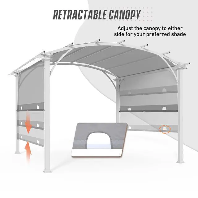 Alt view image 5 of 6 - 11.4x11.4 Outdoor Pergola with Retractable Textilene Sun Shade Top, Wood Looking Steel Frame Arch Patio Pergola, Gray