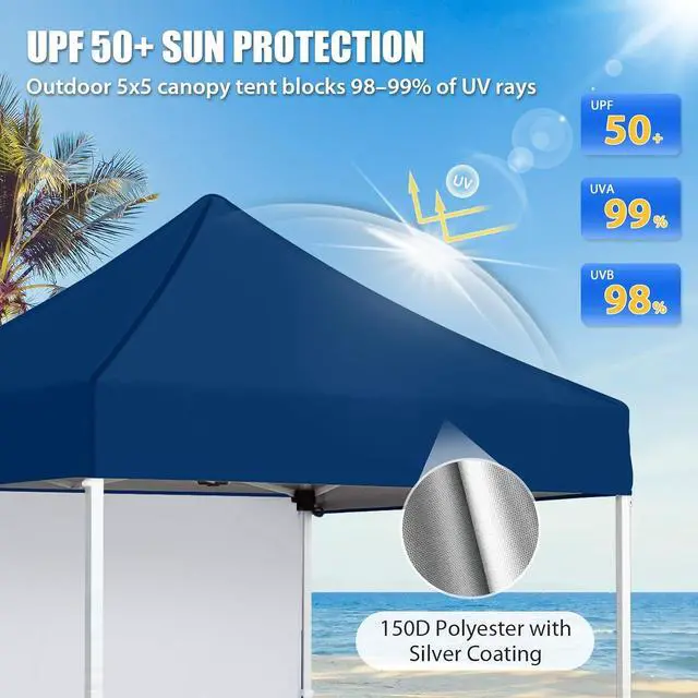 Alt view image 2 of 7 - Pop up Canopy 5x5, Outdoor Portable Canopy Tent with One Removable Sunwall, Carry Bag Included, Dark Blue