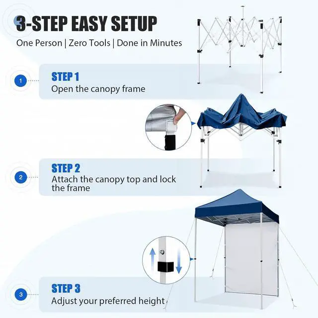 Alt view image 7 of 7 - Pop up Canopy 5x5, Outdoor Portable Canopy Tent with One Removable Sunwall, Carry Bag Included, Dark Blue