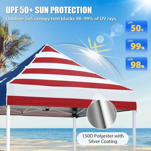 Alt view image 2 of 7 - 5x5 Pop Up Canopy Tent Instant Outdoor Canopy Easy Set-up Straight Leg Folding Shelter, American Flag