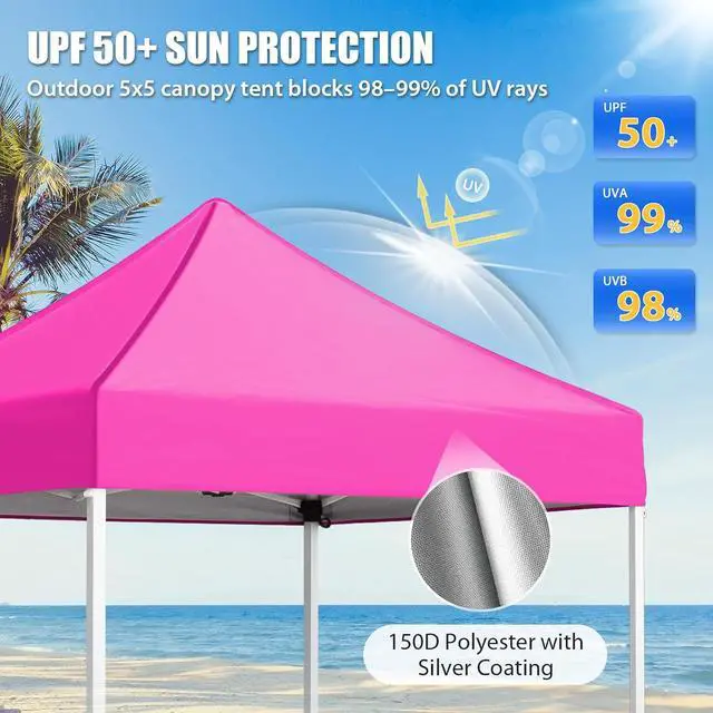Alt view image 2 of 7 - 5x5 Pop Up Canopy Tent Instant Outdoor Canopy Easy Set-up Straight Leg Folding Shelter, Pink