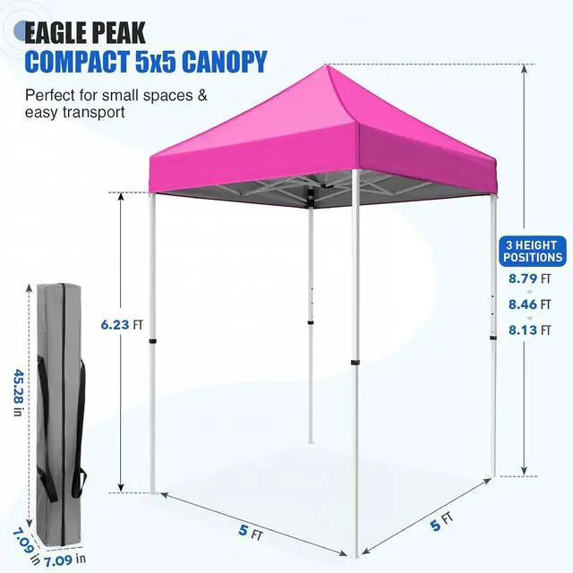 Alt view image 3 of 7 - 5x5 Pop Up Canopy Tent Instant Outdoor Canopy Easy Set-up Straight Leg Folding Shelter, Pink