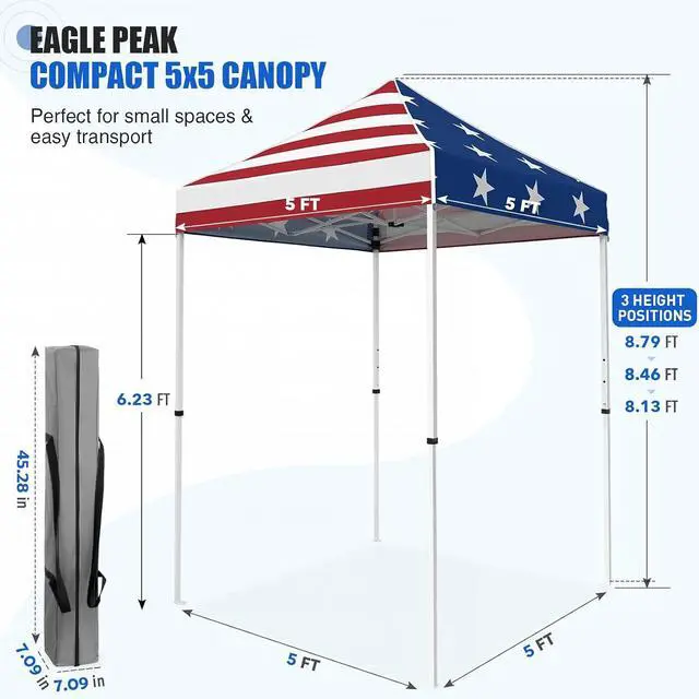 Alt view image 3 of 7 - 5x5 Pop Up Canopy Tent Instant Outdoor Canopy Easy Set-up Straight Leg Folding Shelter, American Flag