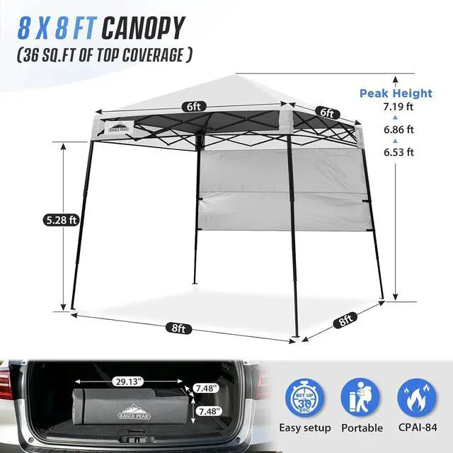 Alt view image 3 of 7 - 8x8 Pop Up Canopy Tent with Sidewall, Compact, Portable Slant Leg Instant Sun Shelter for Beach, Sports, & Camping, 8x8 Base 6x6 Top, White