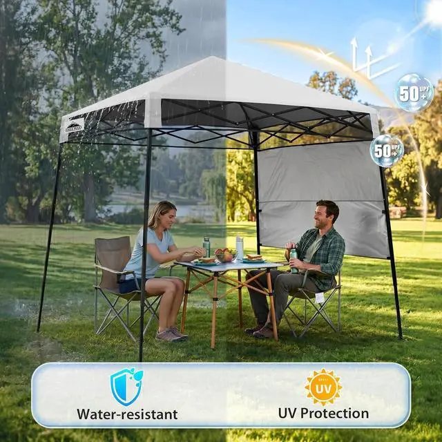 Alt view image 4 of 7 - 8x8 Pop Up Canopy Tent with Sidewall, Compact, Portable Slant Leg Instant Sun Shelter for Beach, Sports, & Camping, 8x8 Base 6x6 Top, White