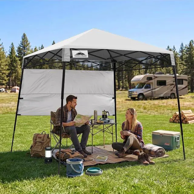 Alt view image 5 of 7 - 8x8 Pop Up Canopy Tent with Sidewall, Compact, Portable Slant Leg Instant Sun Shelter for Beach, Sports, & Camping, 8x8 Base 6x6 Top, White