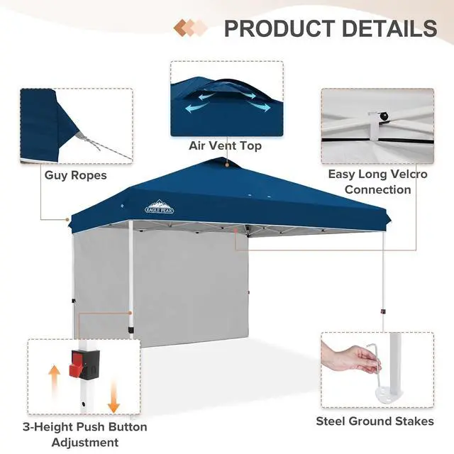 Alt view image 6 of 7 - Commercial Canopy 12x12 Pop Up Canopy Tent with 1 Sidewall, Easy Setup Heavy Duty Instant Event Shelter for Vendors & Markets, Outdoor Sun Shade, Dark Blue