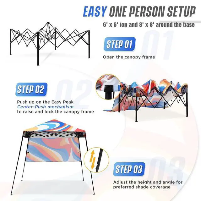 Alt view image 2 of 7 - 8x8 Pop Up Canopy Tent with Sidewall, Compact, Portable Slant Leg Instant Sun Shelter for Beach, Sports, & Camping, 8x8 Base 6x6 Top, Swirl