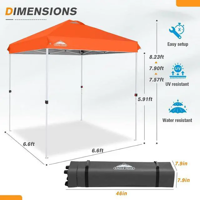 Alt view image 3 of 7 - Pop Up Canopy Tent with Wheeled Carry Bag, 8 Stakes, 4 Ropes, Easy Set Up Tent Canopy, 6.6x6.6 ft, Orange