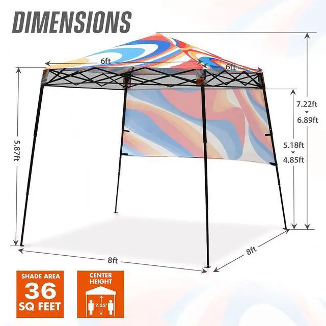 Alt view image 3 of 7 - 8x8 Pop Up Canopy Tent with Sidewall, Compact, Portable Slant Leg Instant Sun Shelter for Beach, Sports, & Camping, 8x8 Base 6x6 Top, Swirl