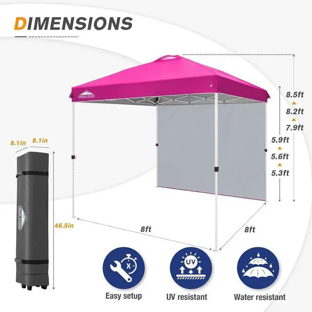 Alt view image 3 of 7 - Commercial Canopy 8x8 Pop Up Canopy Tent with 1 Sidewall, Easy Setup Heavy Duty Instant Event Shelter for Vendors & Markets, Outdoor Sun Shade, Pink