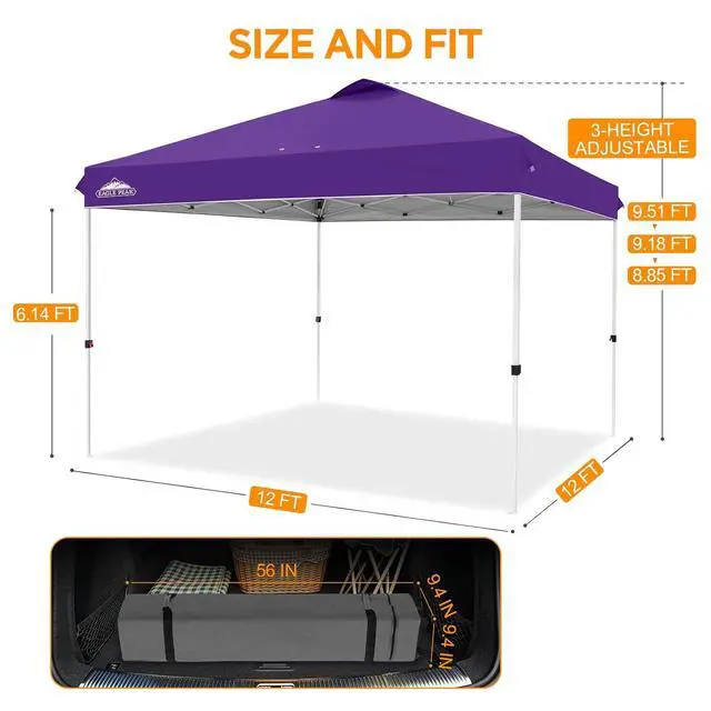 Alt view image 3 of 7 - Pop Up Canopy Tent with Wheeled Carry Bag, 8 Stakes, 4 Ropes, 4 Weight Bags, Easy Set Up Tent Canopy, 12x12 ft, 144sqft of Shade, Purple