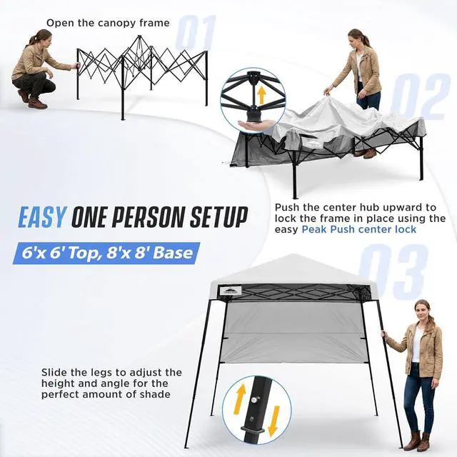 Alt view image 6 of 7 - 8x8 Pop Up Canopy Tent with Sidewall, Compact, Portable Slant Leg Instant Sun Shelter for Beach, Sports, & Camping, 8x8 Base 6x6 Top, White