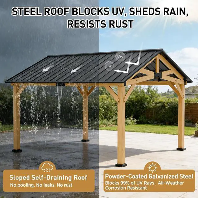 Alt view image 4 of 7 - 11x13 Hardtop Gazebo, Exposed Beam Rustic Gazebo, Galvanized Steel Gable Roof with Cedar Wood Frame, Outdoor Pavilion for Patio, Deck, Lawn and Garden Natural Wood/Black