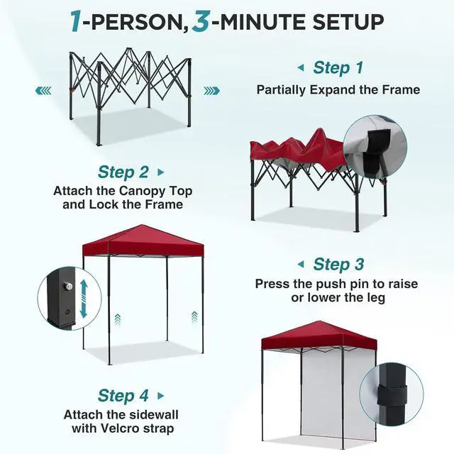 Alt view image 2 of 7 - 6x4 Instant Pop Up Canopy Tent with 1 Side Wall Panel, Straight Leg Sun Shelter, Portable Canopy with Carry Bag for Camping, Beach & Sports, Burgundy