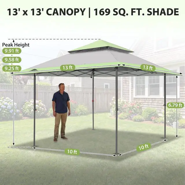 Alt view image 3 of 7 - 13x13 Straight Leg Pop Up Canopy Tent Instant Outdoor Canopy Easy Single Person Set up Folding Shelter w/Auto Extending Eaves 169 Square Feet of Shade (Gray)