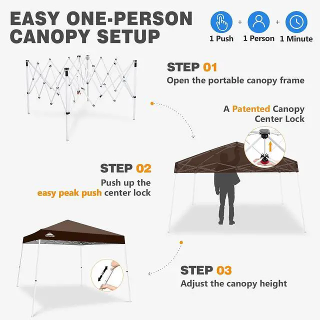 Alt view image 6 of 7 - 10x10 Slant Leg Pop-up Canopy Tent Easy One Person Setup Instant Outdoor Beach Canopy Folding Portable Sports Shelter 10x10 Base 8x8 Top (Brown)