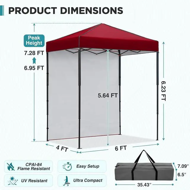 Alt view image 3 of 7 - 6x4 Instant Pop Up Canopy Tent with 1 Side Wall Panel, Straight Leg Sun Shelter, Portable Canopy with Carry Bag for Camping, Beach & Sports, Burgundy