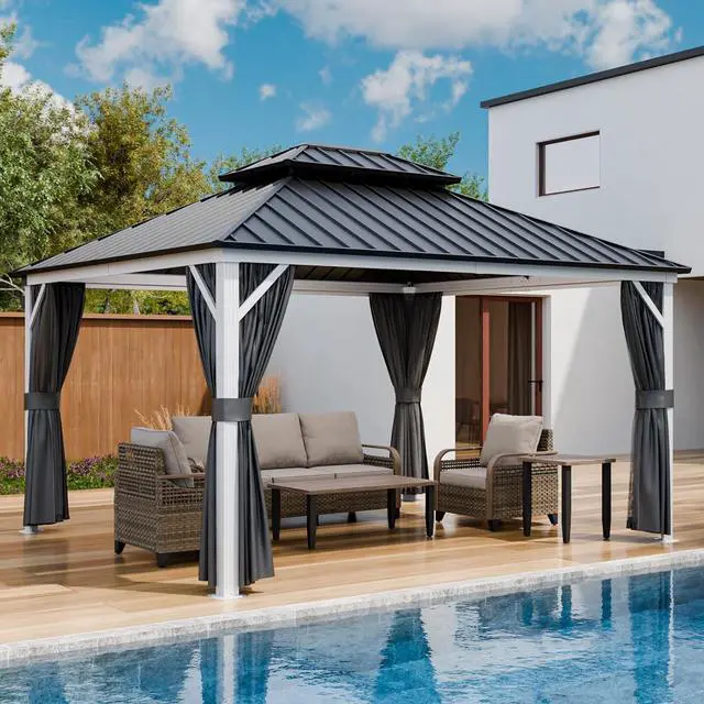 Main image of 12x14 Hardtop Gazebo, Galvanized Steel Double Roof with Aluminum Frame, Outdoor Pavilion with Netting and Curtains for Patio, Deck, Lawn and Garden, White/Gray