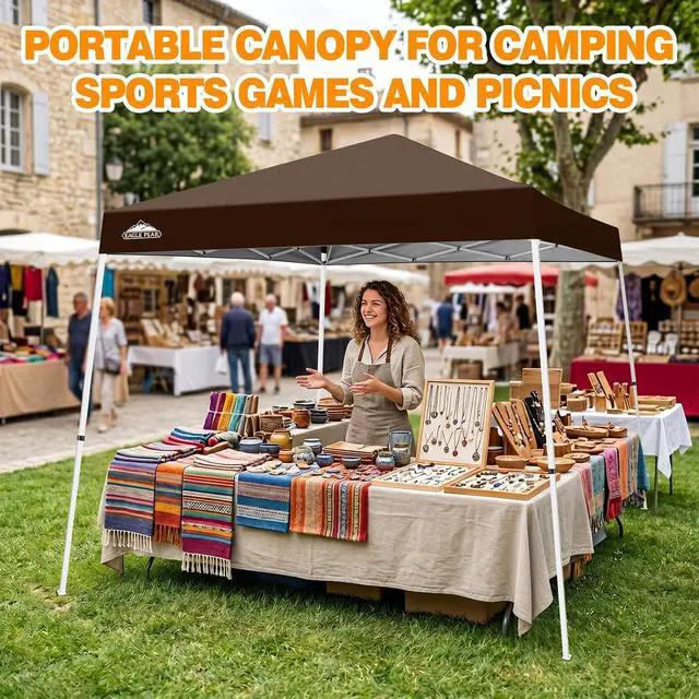 Alt view image 5 of 7 - 10x10 Slant Leg Pop-up Canopy Tent Easy One Person Setup Instant Outdoor Beach Canopy Folding Portable Sports Shelter 10x10 Base 8x8 Top (Brown)