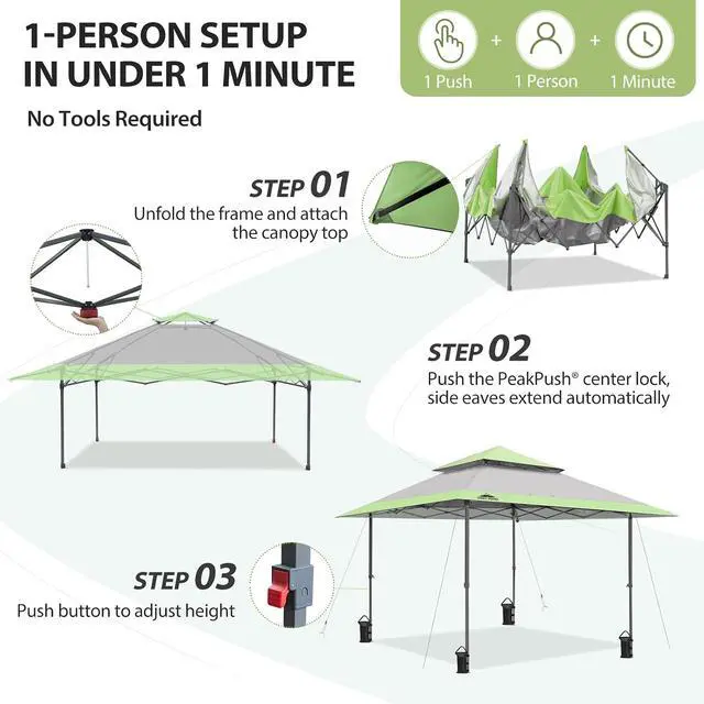 Alt view image 7 of 7 - 13x13 Straight Leg Pop Up Canopy Tent Instant Outdoor Canopy Easy Single Person Set up Folding Shelter w/Auto Extending Eaves 169 Square Feet of Shade (Gray)