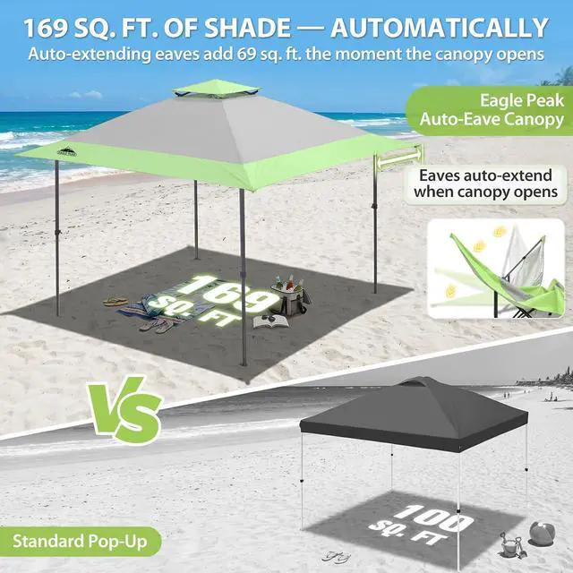 Alt view image 4 of 7 - 13x13 Straight Leg Pop Up Canopy Tent Instant Outdoor Canopy Easy Single Person Set up Folding Shelter w/Auto Extending Eaves 169 Square Feet of Shade (Gray)