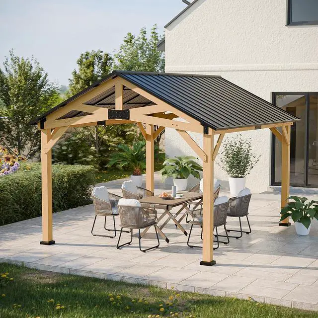 Alt view image 5 of 7 - 11x13 Hardtop Gazebo, Exposed Beam Rustic Gazebo, Galvanized Steel Gable Roof with Cedar Wood Frame, Outdoor Pavilion for Patio, Deck, Lawn and Garden Natural Wood/Black