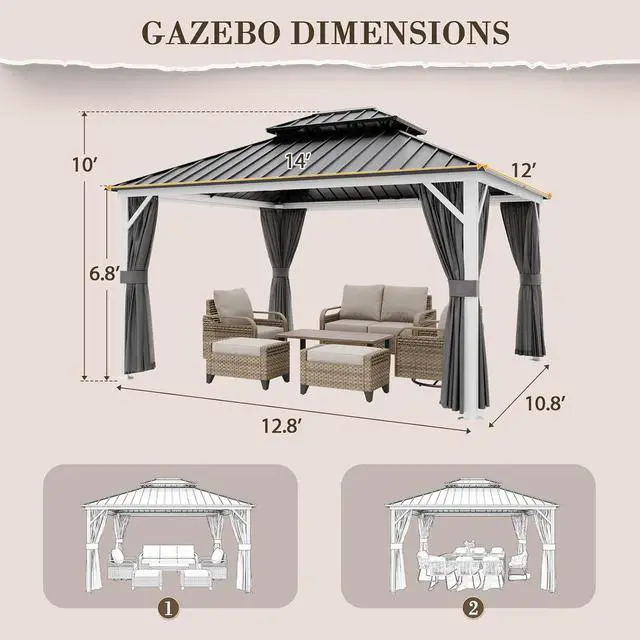 Alt view image 3 of 7 - 12x14 Hardtop Gazebo, Galvanized Steel Double Roof with Aluminum Frame, Outdoor Pavilion with Netting and Curtains for Patio, Deck, Lawn and Garden, White/Gray