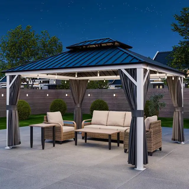Alt view image 5 of 7 - 12x14 Hardtop Gazebo, Galvanized Steel Double Roof with Aluminum Frame, Outdoor Pavilion with Netting and Curtains for Patio, Deck, Lawn and Garden, White/Gray