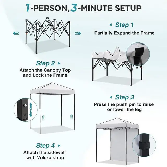 Alt view image 2 of 7 - 6x4 Instant Pop Up Canopy Tent with 1 Side Wall Panel, Straight Leg Sun Shelter, Portable Canopy with Carry Bag for Camping, Beach & Sports, White