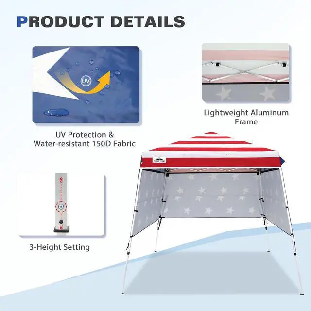 Alt view image 4 of 7 - Day Tripper 8x8 Aluminum Super-Lightweight Pop Up Canopy with 3 Removable Walls, Instant Outdoor Backpack Canopy Tent, Outside Beach Folding Sun Shelter, 8x8 Base 6x6 Top, American Flag
