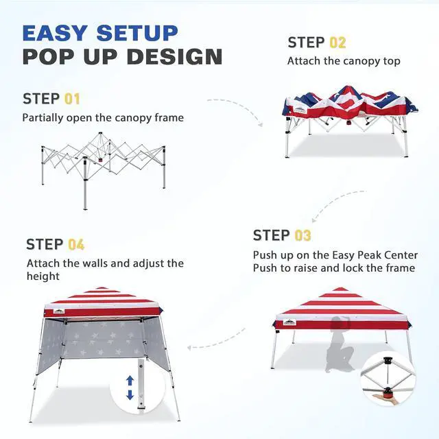 Alt view image 6 of 7 - Day Tripper 8x8 Aluminum Super-Lightweight Pop Up Canopy with 3 Removable Walls, Instant Outdoor Backpack Canopy Tent, Outside Beach Folding Sun Shelter, 8x8 Base 6x6 Top, American Flag