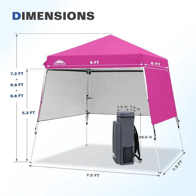 Alt view image 3 of 7 - Day Tripper 8x8 Aluminum Super-Lightweight Slant Leg Pop Up Canopy with 3 Removable Walls, Instant Outdoor Backpack Canopy Tent, Outside Beach Folding Sun Shelter, 8x8 Base 6x6 Top, Pink