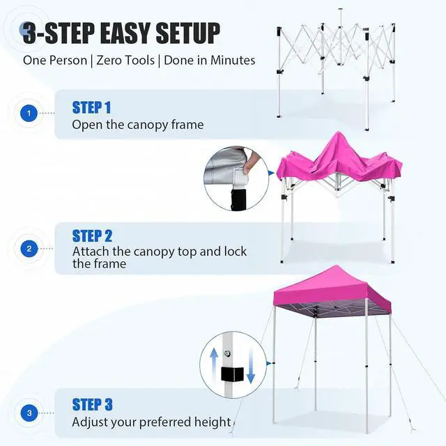 Alt view image 7 of 7 - 5x5 Pop Up Canopy Tent Instant Outdoor Canopy Easy Set-up Straight Leg Folding Shelter, Pink