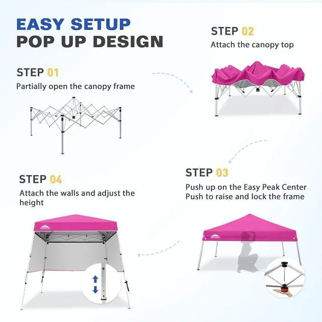 Alt view image 6 of 7 - Day Tripper 8x8 Aluminum Super-Lightweight Slant Leg Pop Up Canopy with 3 Removable Walls, Instant Outdoor Backpack Canopy Tent, Outside Beach Folding Sun Shelter, 8x8 Base 6x6 Top, Pink