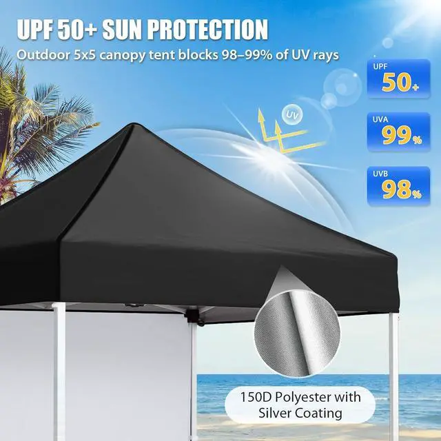 Alt view image 2 of 7 - Pop up Canopy 5x5, Outdoor Portable Canopy Tent with One Removable Sunwall, Carry Bag Included, Black