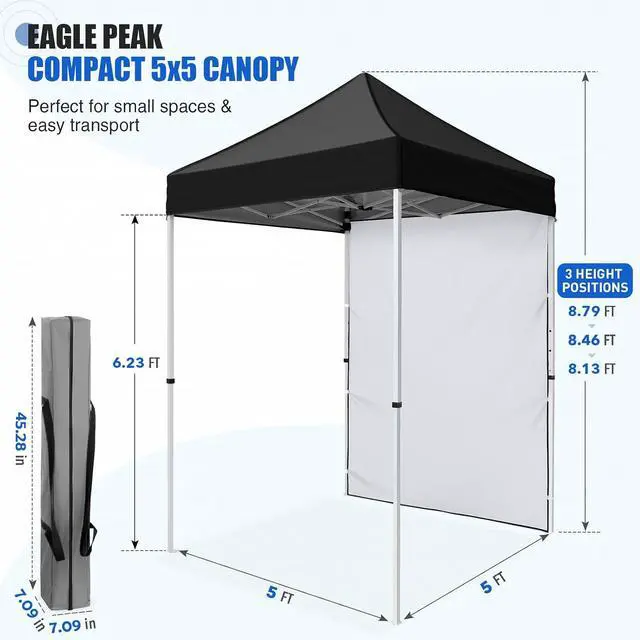 Alt view image 3 of 7 - Pop up Canopy 5x5, Outdoor Portable Canopy Tent with One Removable Sunwall, Carry Bag Included, Black