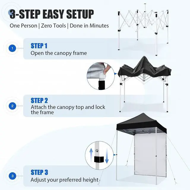 Alt view image 6 of 7 - Pop up Canopy 5x5, Outdoor Portable Canopy Tent with One Removable Sunwall, Carry Bag Included, Black