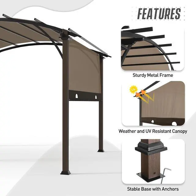 Alt view image 2 of 6 - 11.4x11.4 Outdoor Pergola with Retractable Textilene Sun Shade Top, Wood Looking Steel Frame Arch Patio Pergola, Beige