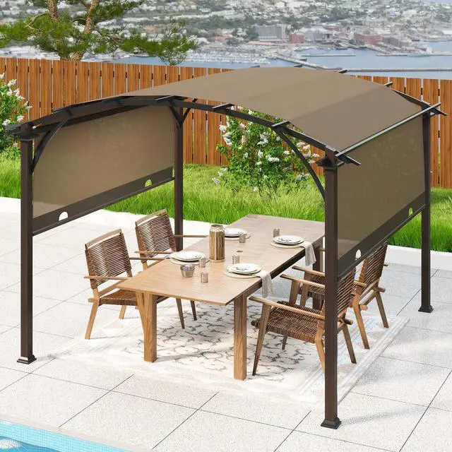 Main image of 11.4x11.4 Outdoor Pergola with Retractable Textilene Sun Shade Top, Wood Looking Steel Frame Arch Patio Pergola, Beige
